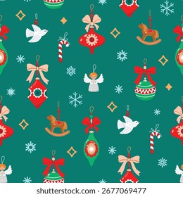 Christmas seamless pattern with decorations. Cartoon balls with bow, horse, angel, stick, flying bird, snowflakes. Red, green, brown and blue colors. Cute print on fabric and paper. Vector design.