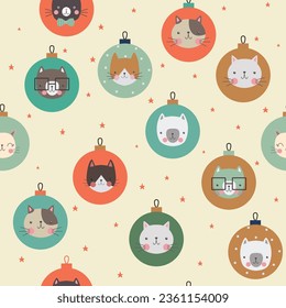 Christmas seamless pattern with decorations and cats 