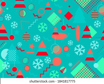 Christmas seamless pattern with Christmas decorations and geometric shapes in 80s style. Festive background for greeting cards, wrapping paper and banners. Vector illustration