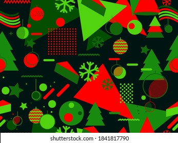 Christmas seamless pattern with Christmas decorations and geometric shapes in 80s style. Festive background for greeting cards, wrapping paper and banners. Vector illustration