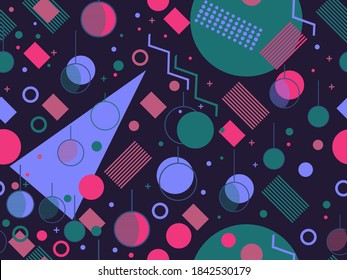 Patrón de Navidad sin fisuras con decoraciones navideñas y formas geométricas al estilo de los años 80. Fondo festivo para tarjetas de felicitación, papel envolvente y banners. Ilustración del vector