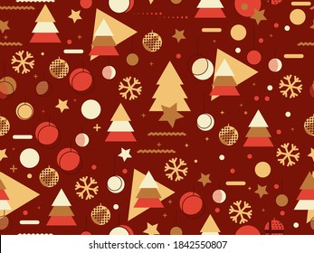 Christmas seamless pattern with Christmas decorations and geometric shapes in 80s style. Festive background for greeting cards, wrapping paper and banners. Vector illustration