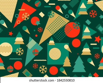 Christmas seamless pattern with Christmas decorations and geometric shapes in 80s style. Festive background for greeting cards, wrapping paper and banners. Vector illustration