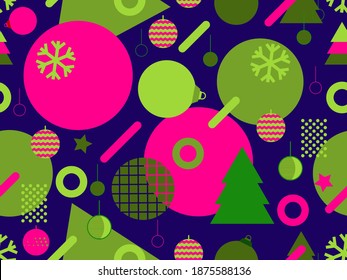 Christmas seamless pattern with Christmas decorations and geometric shapes in 80s style. Festive background for greeting cards, wrapping paper and banners. Vector illustration