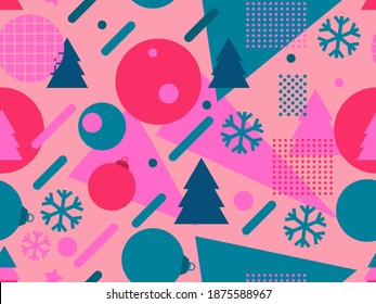 Christmas seamless pattern with Christmas decorations and geometric shapes in 80s style. Festive background for greeting cards, wrapping paper and banners. Vector illustration