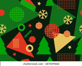 Christmas seamless pattern with Christmas decorations and geometric shapes in 80s style. Festive background for greeting cards, wrapping paper and banners. Vector illustration