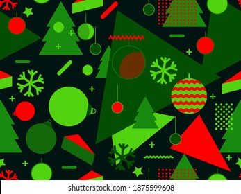 Weihnachtsmuster mit Weihnachtsdekorationen und geometrischen Formen im Stil der 80er Jahre. Festlicher Hintergrund für Grußkarten, Verpackungspapier und Banner. Vektorgrafik
