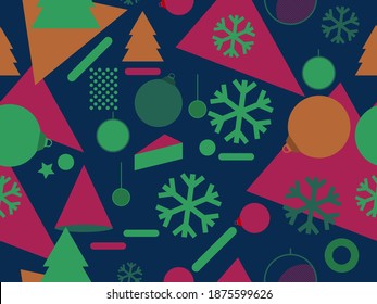 Christmas seamless pattern with Christmas decorations and geometric shapes in 80s style. Festive background for greeting cards, wrapping paper and banners. Vector illustration