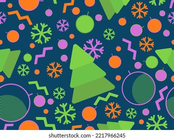 Patrón de Navidad sin fisuras con decoraciones navideñas y formas geométricas al estilo de los años 80. Fondo festivo para tarjetas de felicitación, papel envolvente y banners. Ilustración del vector