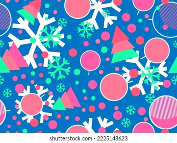 Weihnachtsmuster mit Weihnachtsdekorationen und geometrischen Formen im Stil der 80er Jahre. Festlicher Hintergrund für Grußkarten, Verpackungspapier und Banner. Vektorgrafik