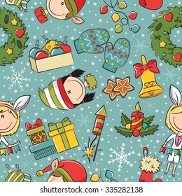 Christmas seamless pattern with decorations and kids