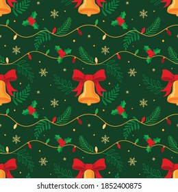 Christmas seamless pattern decorations of Christmas lights and bells and holly leaves