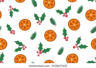 Christmas seamless pattern of Christmas decorations  on white background. Christmas background with oranges, holly berries and twigs.