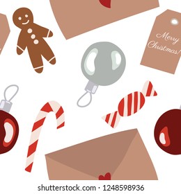 Christmas seamless pattern with decorations, ornaments, colorful and festive. Chrismas classics in wrapping paper designs