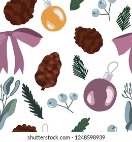 Christmas seamless pattern with decorations, ornaments, colorful and festive. Chrismas classics in wrapping paper designs