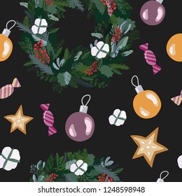 Christmas seamless pattern with decorations, ornaments, colorful and festive. Chrismas classics in wrapping paper designs