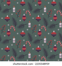 christmas seamless pattern with decorations, snowflakes and branches