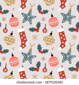 Navidad sin fisuras con decoraciones navideñas, medias y holly. Trato festivo. Ilustración vectorial dibujada a mano. Textura inagotable de vacaciones para envolver papel, textil, diseño de tela. 