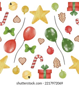 Christmas seamless pattern with decorations, stars, gift boxes, cookies and balloons. Christmas holiday winter. Great for stationery, gift wrap, Christmas decor, home decor, invitations, backdrop