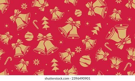 Christmas seamless pattern decorations with christmas tree, bells and balls. Vector illustration gold and red colors