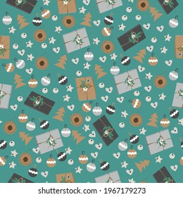 Christmas seamless pattern of Christmas decorations, trees and gifts. Vector illustration 