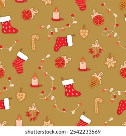 Navidades sin patrón con decoraciones. Fondo de dibujos animados con calcetines, guirnaldas con luces, velas, naranja seca, pan de jengibre, bayas, conos de pino. Impresión de Vector en tela. Conjunto de diseños de color plano