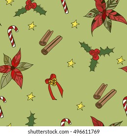 Christmas seamless pattern. Decorative background for design. Pattern with cinnamon, holly tree, bows and stars. Vector illustration