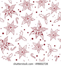 Christmas seamless pattern. Decorative background for design. Pattern with poinsettia and holly tree. Vector illustration