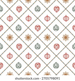 Natal padrão sem emenda com bolas decorativas e contas criando uma forma celular. ilustração de arte de linha pastel vetor desenhado à mão para embalagens de Ano Novo, têxteis e guardanapos.