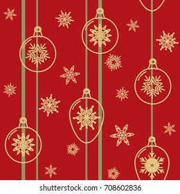 Christmas seamless pattern with decorative balls and snowflakes in thin line style. New Year wallpaper with baubles on red background.