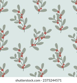 Christmas seamless pattern decorative branch with leaves and red berries. Perfect for seasonal gift paper, textile, celebration design. Vector illustration