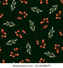 Christmas seamless pattern decorative branch with leaves and red berries on green background