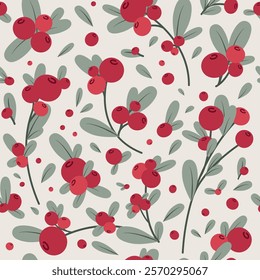 Christmas seamless pattern decorative branch with leaves and red berries. Perfect for seasonal gift paper, textile, celebration design. Vector illustration