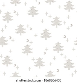 Christmas seamless pattern with decorative fir trees and sprinkles of magic. Good for kid's clothes.