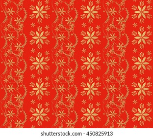 Christmas seamless pattern with decorative gold snowflakes on red background.