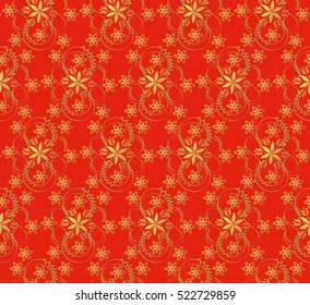 Christmas seamless pattern with decorative gold snowflakes on red background.