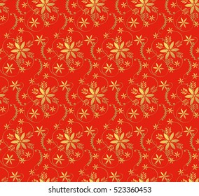 Christmas seamless pattern with decorative gold snowflakes on red background.