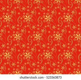 Christmas seamless pattern with decorative gold snowflakes on red background.