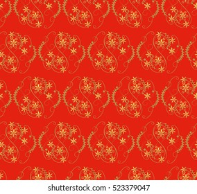 Christmas seamless pattern with decorative gold snowflakes on red background.