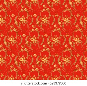 Christmas seamless pattern with decorative gold snowflakes on red background.