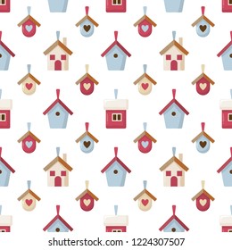 Christmas seamless pattern with decorative houses and little nesting boxes