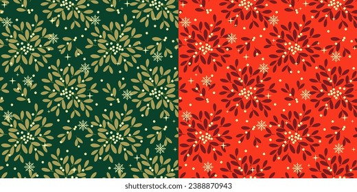 Christmas seamless pattern with decorative mistletoe branches. Wrapping paper design in two colour variations green, gold and red, gold.