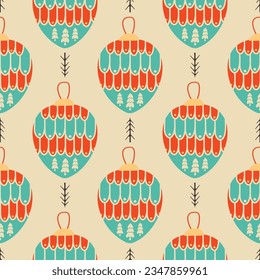 Christmas seamless pattern with decorative christmas tree toys. Cute holiday wallpaper background. Stock vector illustration on light background.