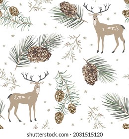 Christmas seamless pattern. Deer animals, cones, green pine twigs, white background with stars. Vector illustration. Nature design. Season greeting. Winter forest. Xmas holidays
