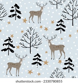 Patrón ininterrumpido de Navidad, animales de ciervo, árboles forestales, estrellas, nieve, fondo gris. Ilustración vectorial. Diseño natural. Saludo de temporada. Vacaciones navideñas de invierno