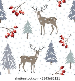 Christmas seamless pattern, deer animals, red berries, fir trees, snow, white background. Vector illustration. Nature design. Season greeting. Winter Xmas holidays