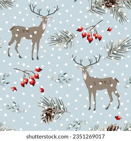 Christmas seamless pattern, deer animals, pine twigs, cones, red berries, snow, gray background. Vector illustration. Nature design. Season greeting. Winter Xmas holidays