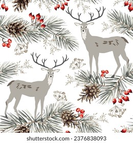 Christmas seamless pattern, deer animals, red berries, pine twigs, cones, white background. Vector illustration. Nature design. Season greeting. Winter Xmas holidays