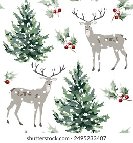 Christmas seamless pattern, deer animals, fir trees, holly twigs with red berries, snow, white background. Vector illustration. Nature design. Season greeting. Winter Xmas holidays