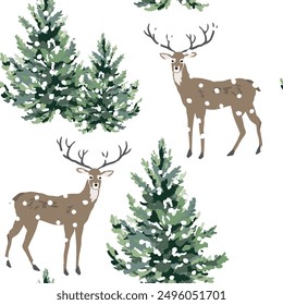 Navidades sin patrón, animales de ciervo, abetos, nieve, fondo blanco. Ilustración vectorial. Diseño de Naturaleza. Saludo de temporada. Vacaciones de invierno y Navidad